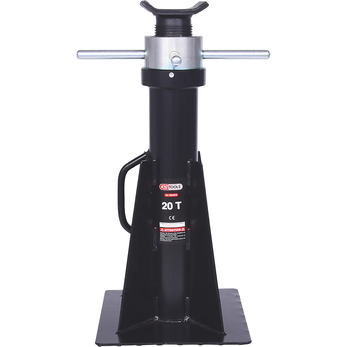 Schwarze, robuste Stütze mit Griff, silbernen Schrauben und einem "20 T" Aufdruck. Das Werkzeug steht auf einem rechteckigen Sockel.